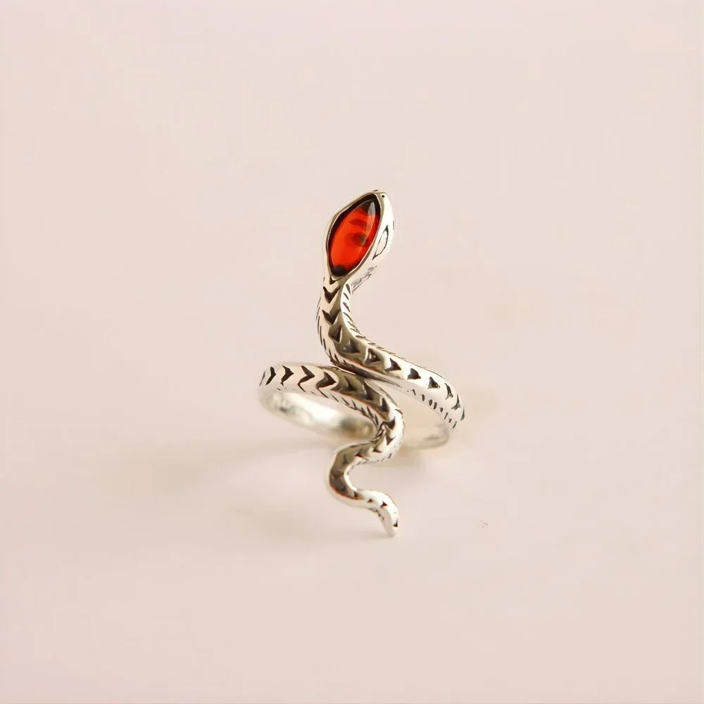 Baltic Cherry Amber Snake Ring in Sterling Silver - Picture 3 of 5